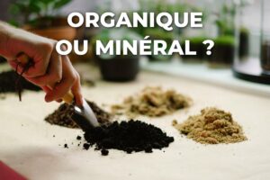 trois matières en petits tas triées à la pelle, pour comparer engrais organique ou minéral