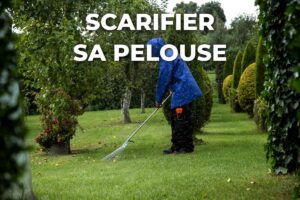 jardinier qui ratisse sa pelouse, un geste proche de celui de scarifier